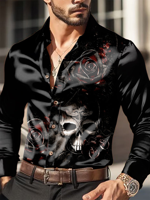 Men's Outdoor Vintage Dark Punk Skull Rose Royal Casual Cotton Satin Fabrics Long Sleeve Shirt