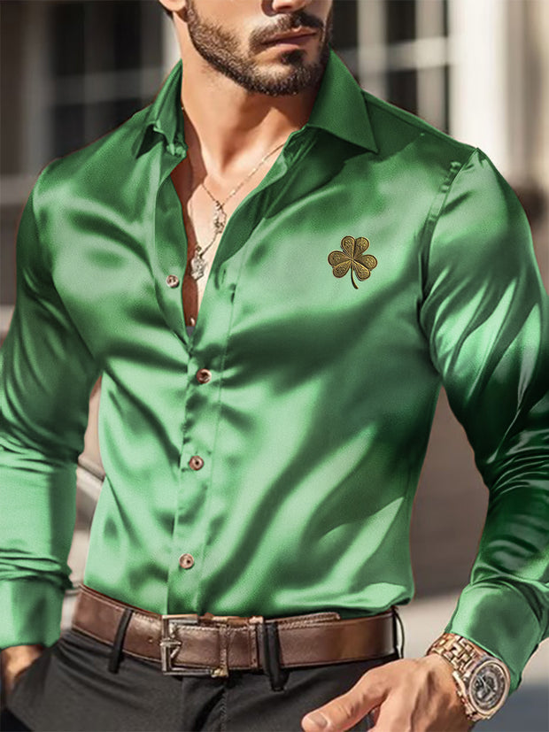 Men's Outdoor Vintage Western St Patrick's Shamrocks Royal Casual Cotton Satin Fabrics Long Sleeve Shirt