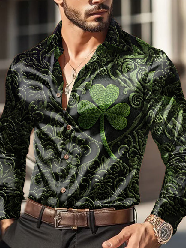 Men's Outdoor Vintage Western St Patrick's Shamrocks Royal Casual Cotton Satin Fabrics Long Sleeve Shirt