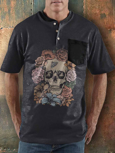 Men's Punk Style Floral Skull Butterfly Print Henley Collar Pocket T-Shirt