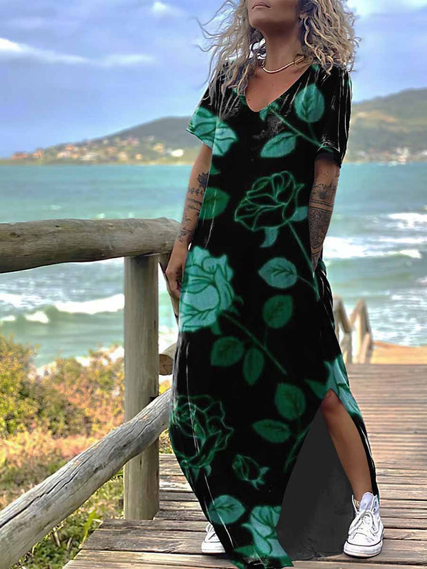 Women's Gothic Rose Print Design Short Sleeve Maxi Dress