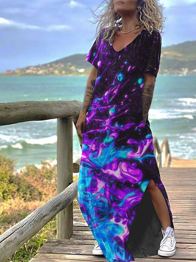 Women's Gothic Tie-Dye Print Design Short Sleeve Maxi Dress