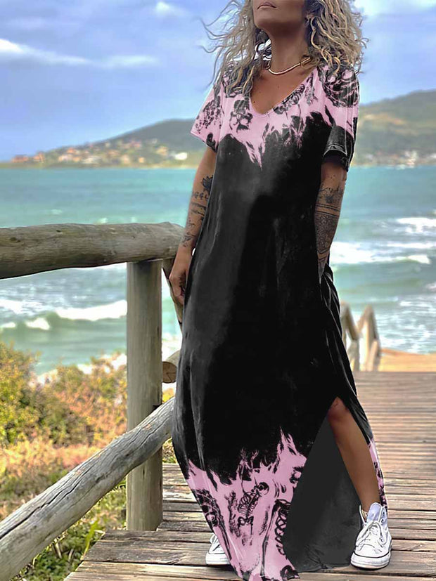 Women's Gothic Skull Print Design Short Sleeve Maxi Dress