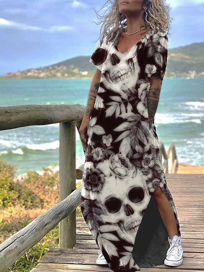 Women's Gothic Sunflowers Skull Print Design Short Sleeve Maxi Dress