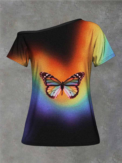 Women's Rainbow Butterfly Print Strapless Short Sleeve Casual T-Shirt