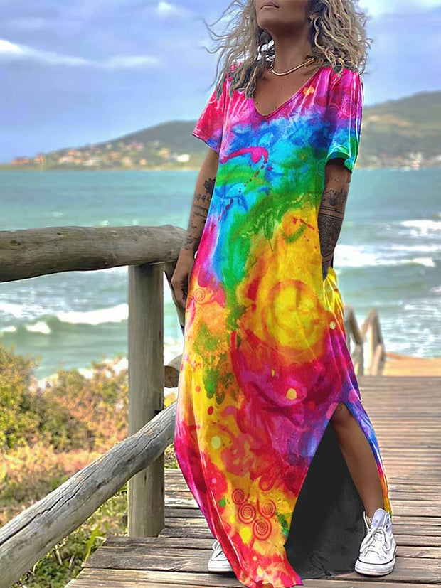 Women's Gothic Colorful Tie-Dye Print Design Short Sleeve Maxi Dress