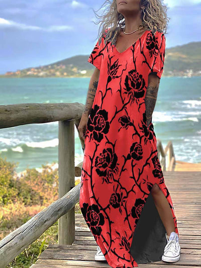 Women's Gothic Style Rose Print Design Short Sleeve Maxi Dress