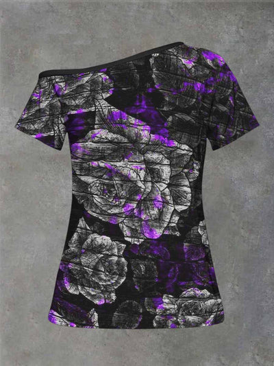 Women's Punk Rose Print Strapless Short Sleeve Casual T-Shirt