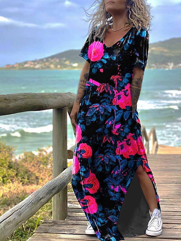 Women's Gothic Classic Rose Print Design Short Sleeve Maxi Dress