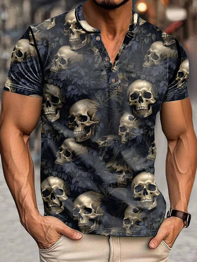 Men's Punk Skull Print Henley Neck Short Sleeve T-Shirt