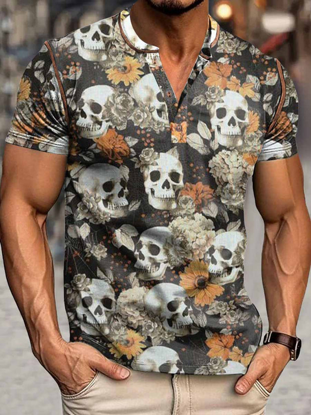 Men's Punk Skull Daisy Print Henley Neck Short Sleeve T-Shirt