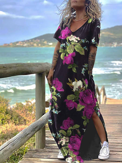 Women's Gothic Flowers Print Design Short Sleeve Maxi Dress