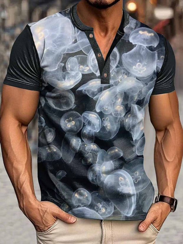 Men's Punk Jellyfish Print Henley Neck Short Sleeve T-Shirt