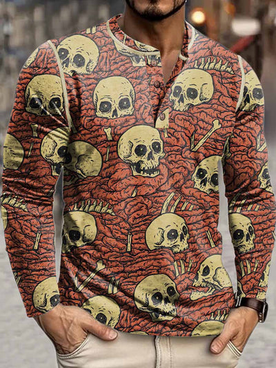 Men's Punk Skull Print Henley Neck Long Sleeve T-Shirt