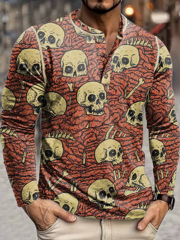 Men's Punk Skull Print Henley Neck Long Sleeve T-Shirt