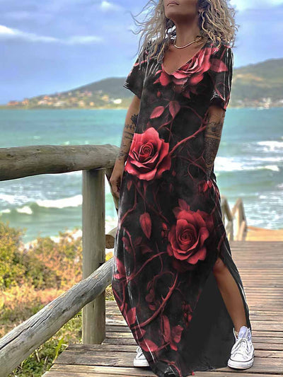 Women's Gothic Style Rose Print Design Short Sleeve Maxi Dress