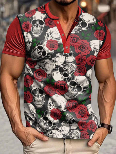 Men's Punk Skull Rose Print Henley Neck Short Sleeve T-Shirt