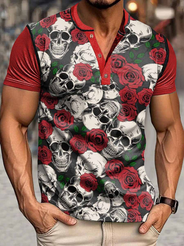 Men's Punk Skull Rose Print Henley Neck Short Sleeve T-Shirt