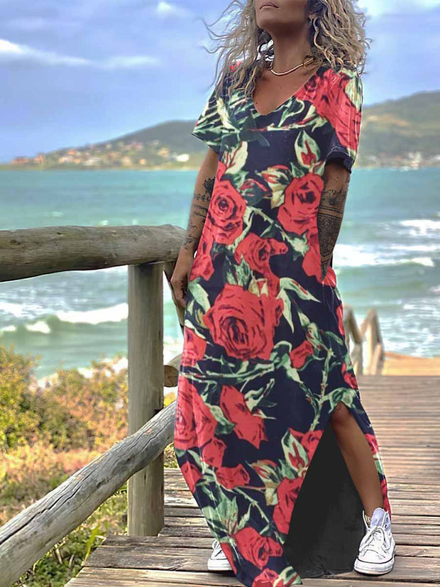 Women's Gothic Rose Print Design Short Sleeve Maxi Dress