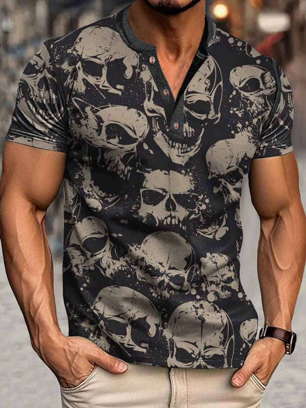 Men's Punk Skull Print Henley Neck Short Sleeve T-Shirt