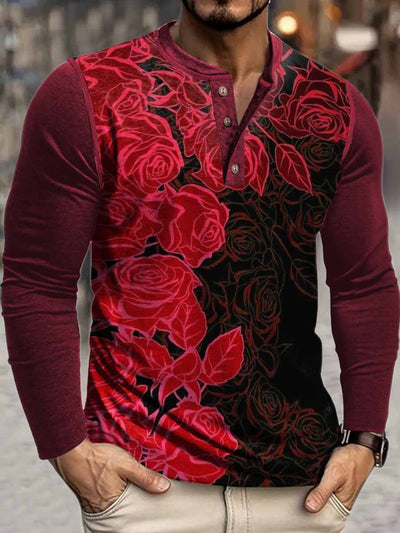 Men's Punk Rose Print Henley Neck Long Sleeve T-Shirt