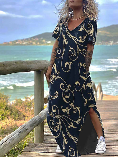 Women's Vintage Gothic Print Design Short Sleeve Maxi Dress