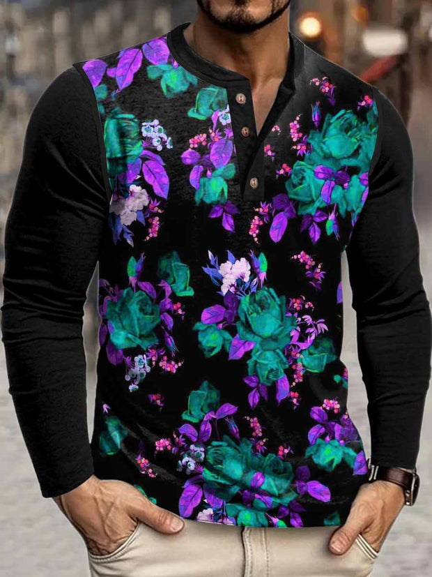 Men's Punk Fantasy Flowers Print Henley Neck Long Sleeve T-Shirt