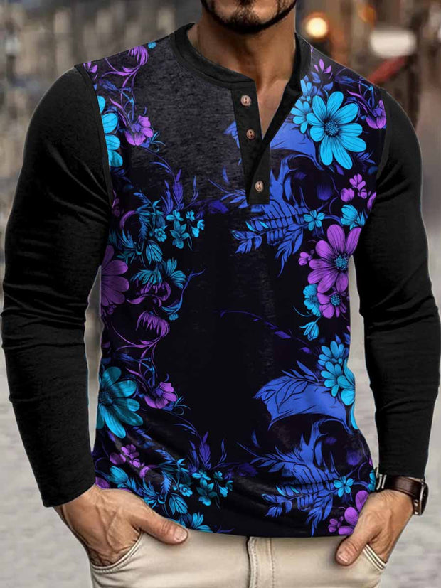 Men's Punk Abstract Floral Print Henley Neck Long Sleeve T-Shirt