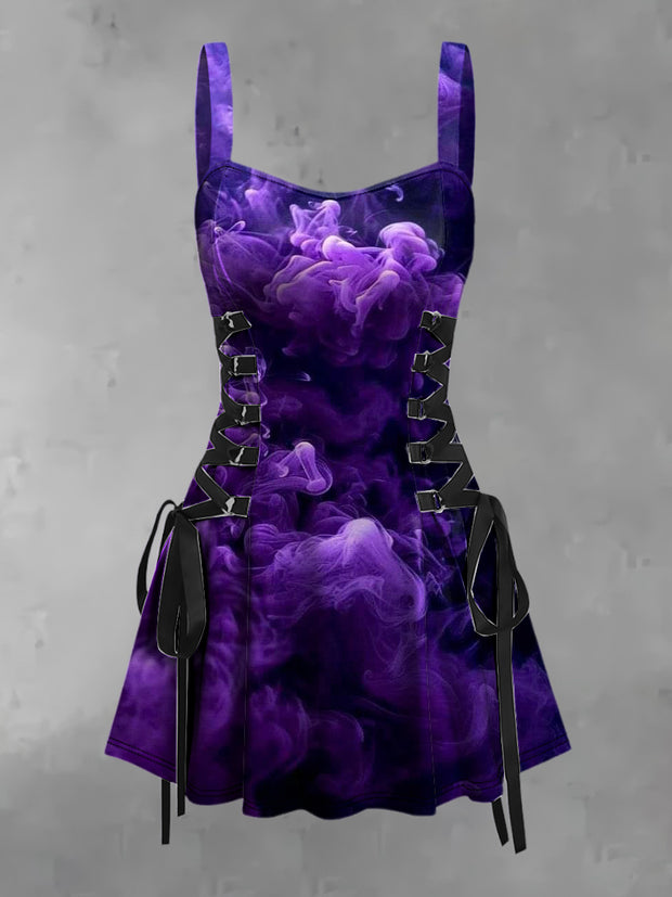 Women's Vintage Punk Dark Purple Smoke Print Strappy Sleeveless Strappy Mini Dress