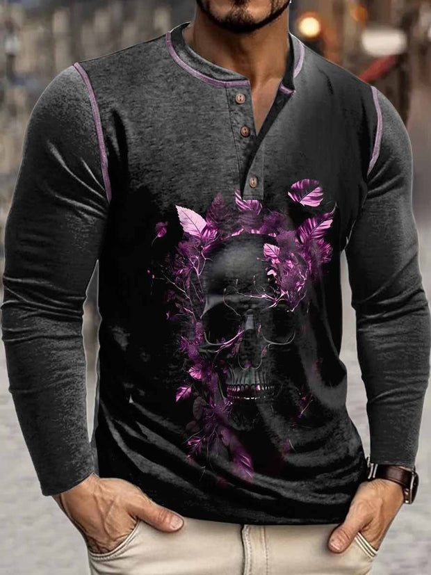 Men's Punk Dark Skull Rose Print Henley Neck Long Sleeve T-Shirt