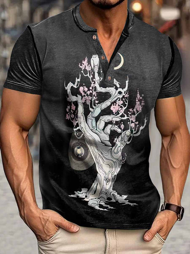 Men's Tree Of Life Print Henley Neck Short Sleeve T-Shirt