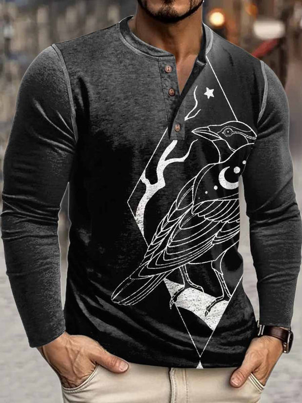 Men's Punk Crow Print Henley Neck Long Sleeve T-Shirt