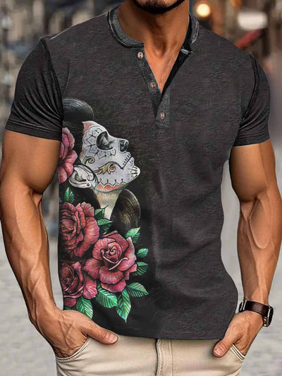 Men's Punk Dead And Skull Print Henley Neck Short Sleeve T-Shirt