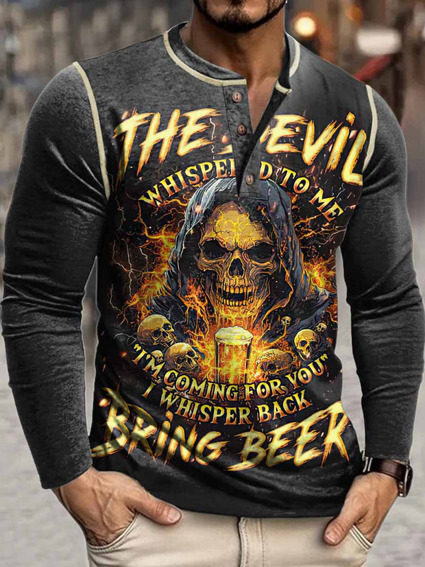 The Devil Print Henley Neck Long Sleeve T-Shirt