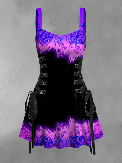 Women's Vintage Punk Dark Gradient Purple Skull Flame Print Strappy Sleeveless Strappy Mini Dress