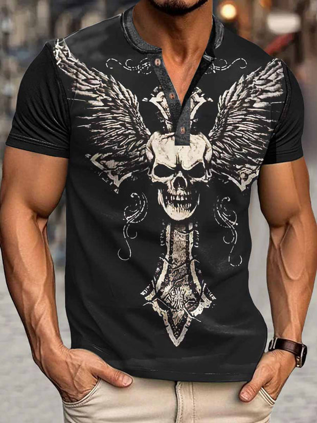 Men's Punk Cross Skull Print Henley Neck Short Sleeve T-Shirt