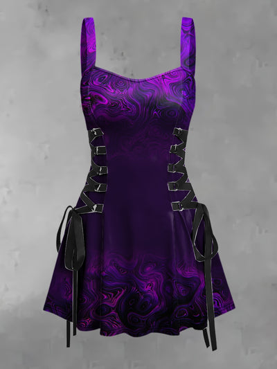 Women's Vintage Punk Dark Gradient Purple Ripple Abstract Print Strappy Sleeveless Strappy Mini Dress