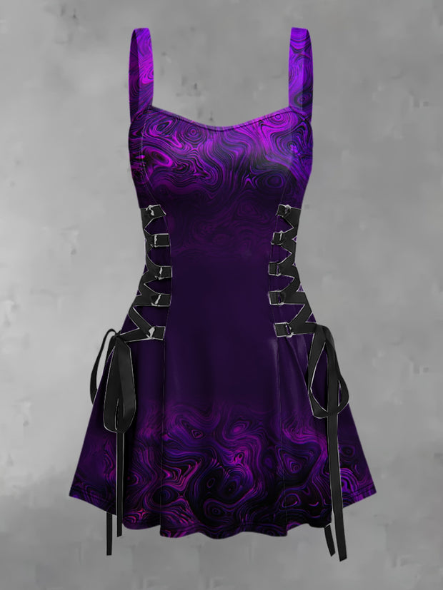 Women's Vintage Punk Dark Gradient Purple Ripple Abstract Print Strappy Sleeveless Strappy Mini Dress