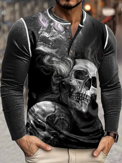 Men's Retro Dark Style Skull Print Henley Neck Long Sleeve T-Shirt