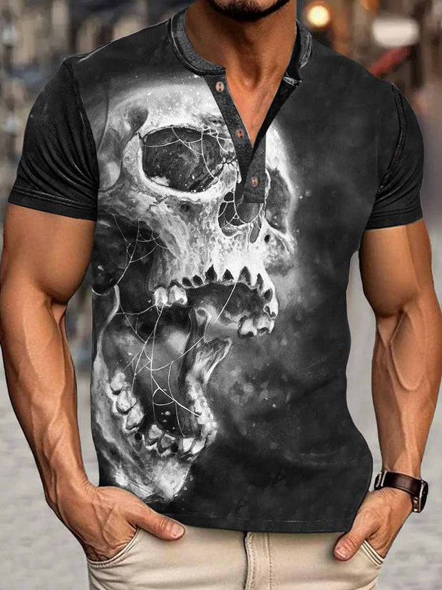 Men's Punk Skull Print Henley Neck Short Sleeve T-Shirt