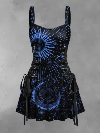 Women's Vintage Punk Dark Star and Moon Abstract Print Strappy Sleeveless Strappy Mini Dress