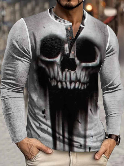 Men's Punk Skull Print Henley Neck Long Sleeve T-Shirt