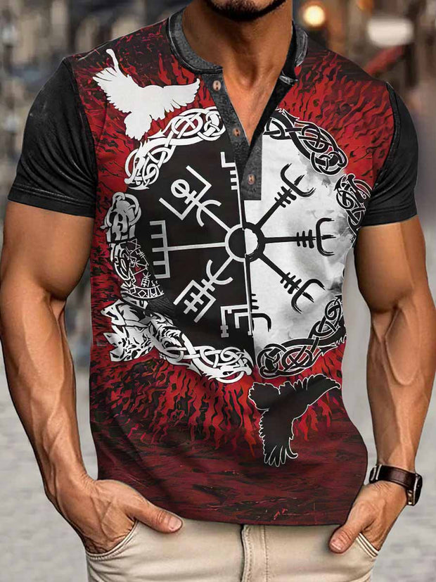 Men's Viking Dove Print Henley Neck Short Sleeve T-Shirt