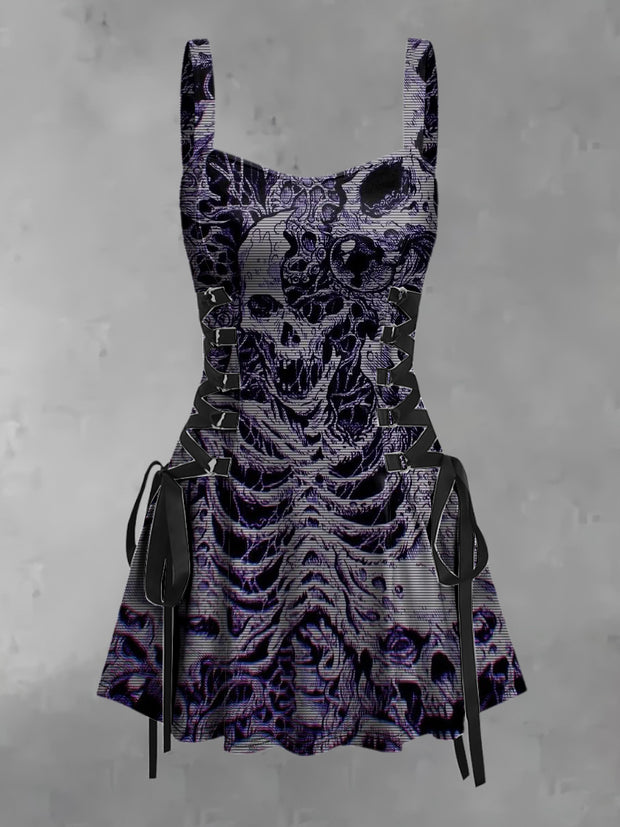 Women's Vintage Punk Dark Skull Print Strappy Sleeveless Strappy Mini Dress