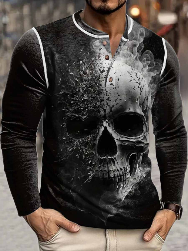 Men's Punk Horror Skull Print Henley Neck Long Sleeve T-Shirt