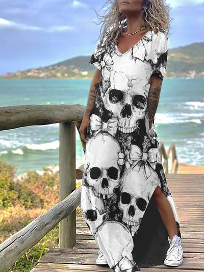 Women's Vintage Gothic Bow Skull Print Design Short Sleeve Maxi Dress