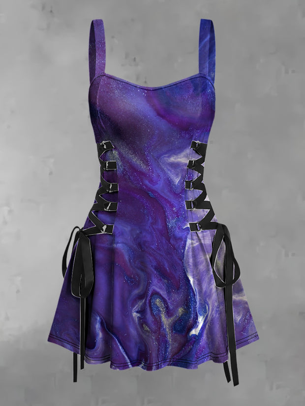 Women's Vintage Punk Purple Ripple Sequin Party Print Strappy Sleeveless Strappy Mini Dress