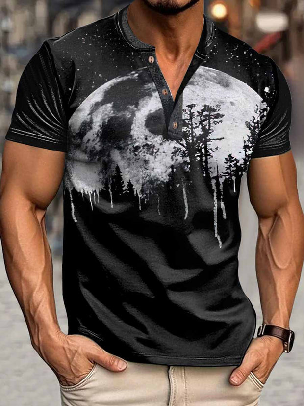 Men's Dark Moon Print Henley Neck Short Sleeve T-Shirt