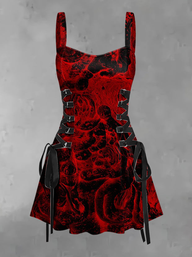 Women's Vintage Punk Dark Swirling Skulls Print Strappy Sleeveless Strappy Mini Dress