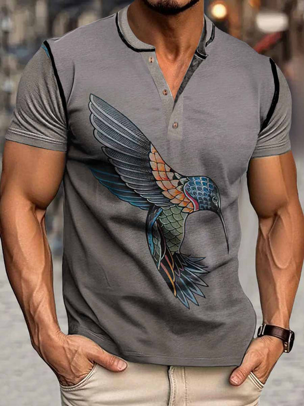 Men's Hummingbird Print Henley Neck Short Sleeve T-Shirt